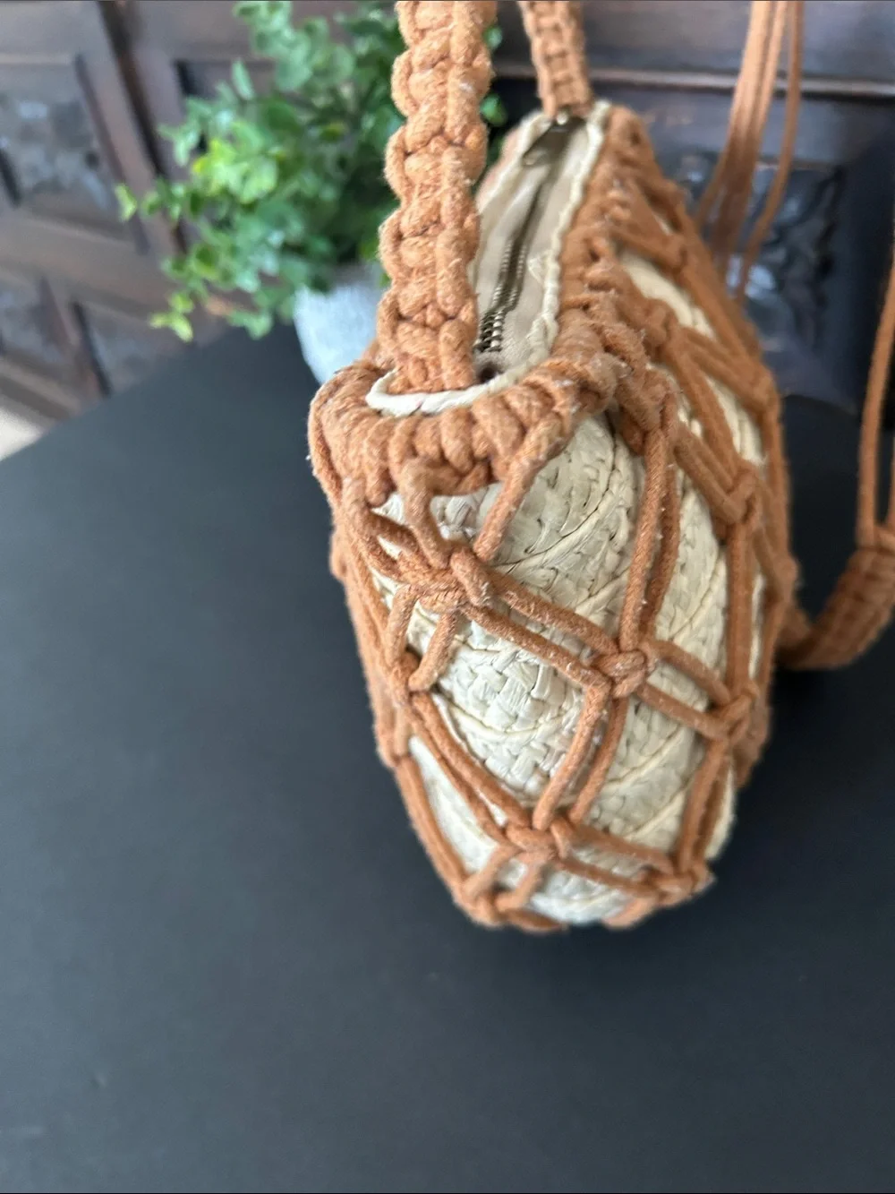 Universal Thread Beige Straw Crossbody with Tan Macramé Overlay